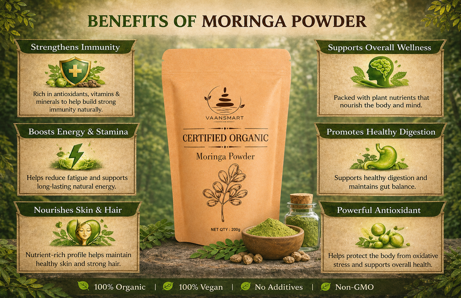 Organic Moringa Powder 200g | Certified Organic Drumstick Leaf Powder | Vegan, Non-GMO, Gluten Free Superfood
