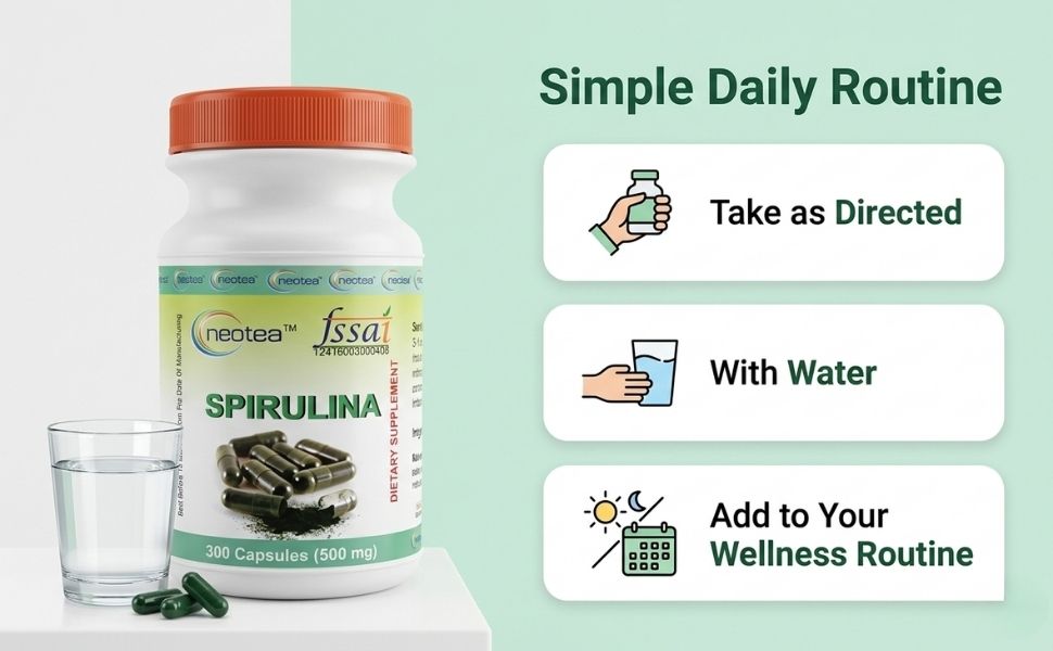 Neotea Spirulina 500mg - 300 Veg Capsules | Blue Green Algae Superfood Supplement | Supports Daily Energy, Immunity & Wellness | Non GMO