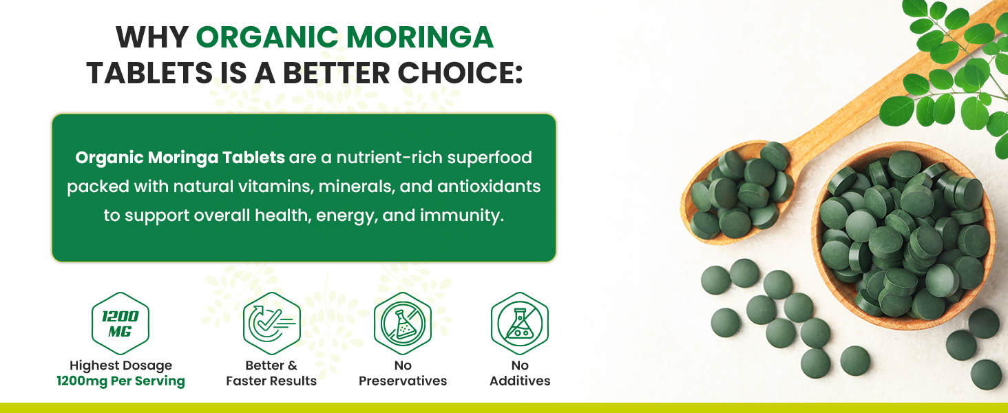 NATURYZ Organic Moringa Highest Strength 1200mg tablets | Supports Energy, Vitality, Detox, Metabolism & Immunity in Men & Women | Non-GMO, Vegan, Gluten-Free | USDA Organic Certified | Pesticides & Chemical Free – 60 Veg tablets