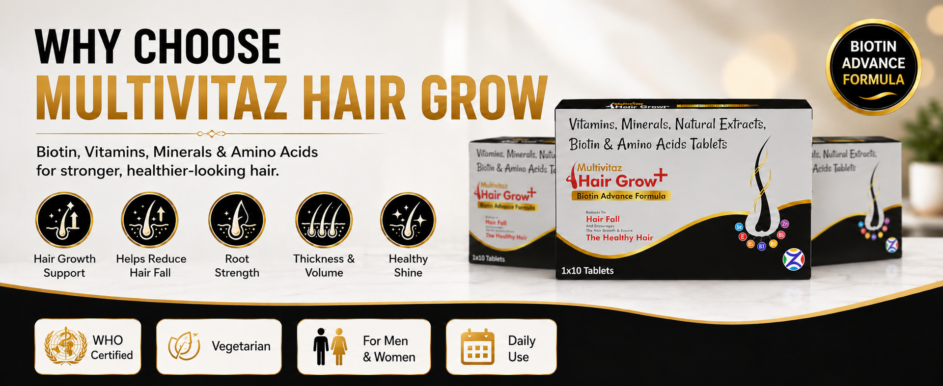 ZEAL PHARMACURE Hair Vitamins Tablets for Growth & Thickness | Biotin, Vitamins, Minerals & Amino Acids | Hair Fall Control Supplement for Men & Women | Multivitaz Hair Grow+ Vegitarian Tablets (30 TABLET)