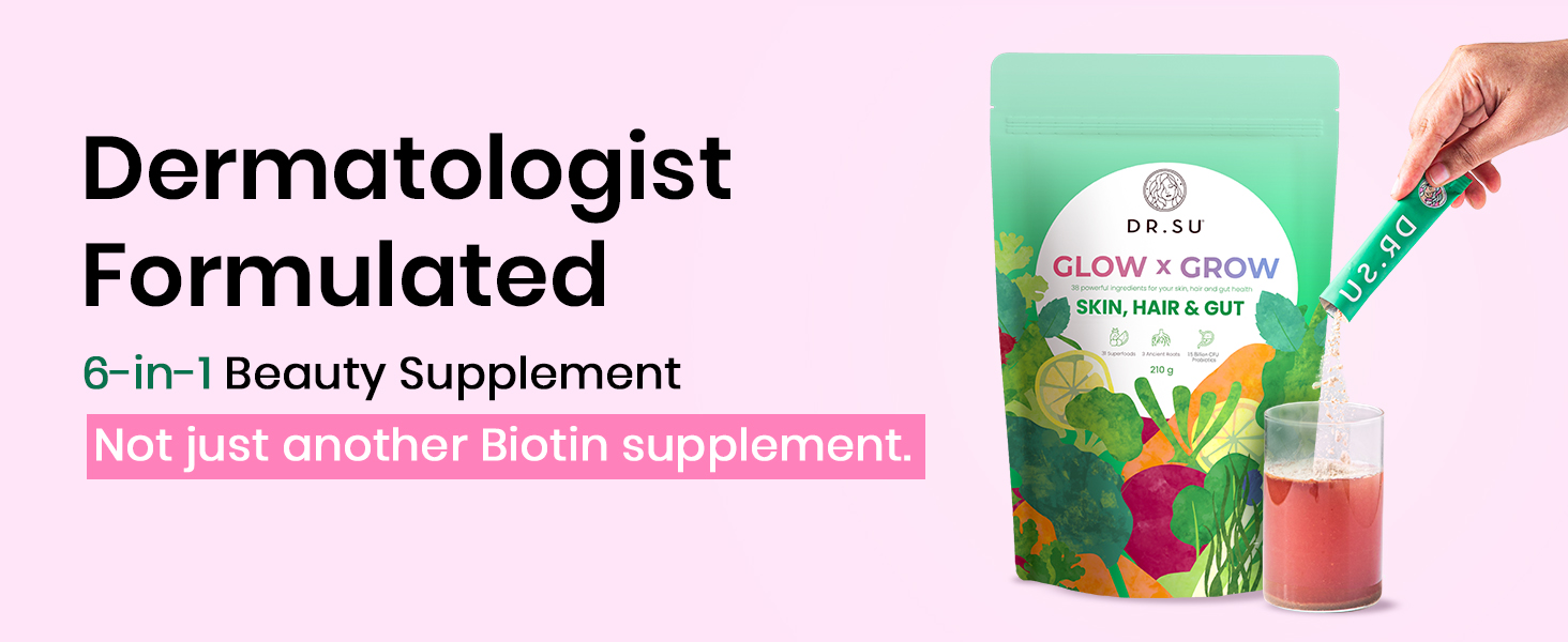 Dr. Su 6-In-1 Supplement Powder | Clear Skin, Strong Hair & Healthy Gut | With Vitamins, Minerals, Antioxidants, Probiotics, Fiber & Adaptogens | Lemon Mint | Sugar-Free | 30 Sachets x Pack of 2 | Unisex