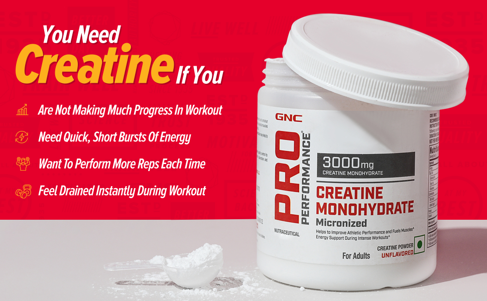 GNC Pro Performance Creatine Monohydrate with Black Shaker- 3000mg Creatine Per Scoop | Micronized for Faster Absorption | Boosts Energy, Muscle Volume & Performance | Gluten-Free | Blueberry | 100gm