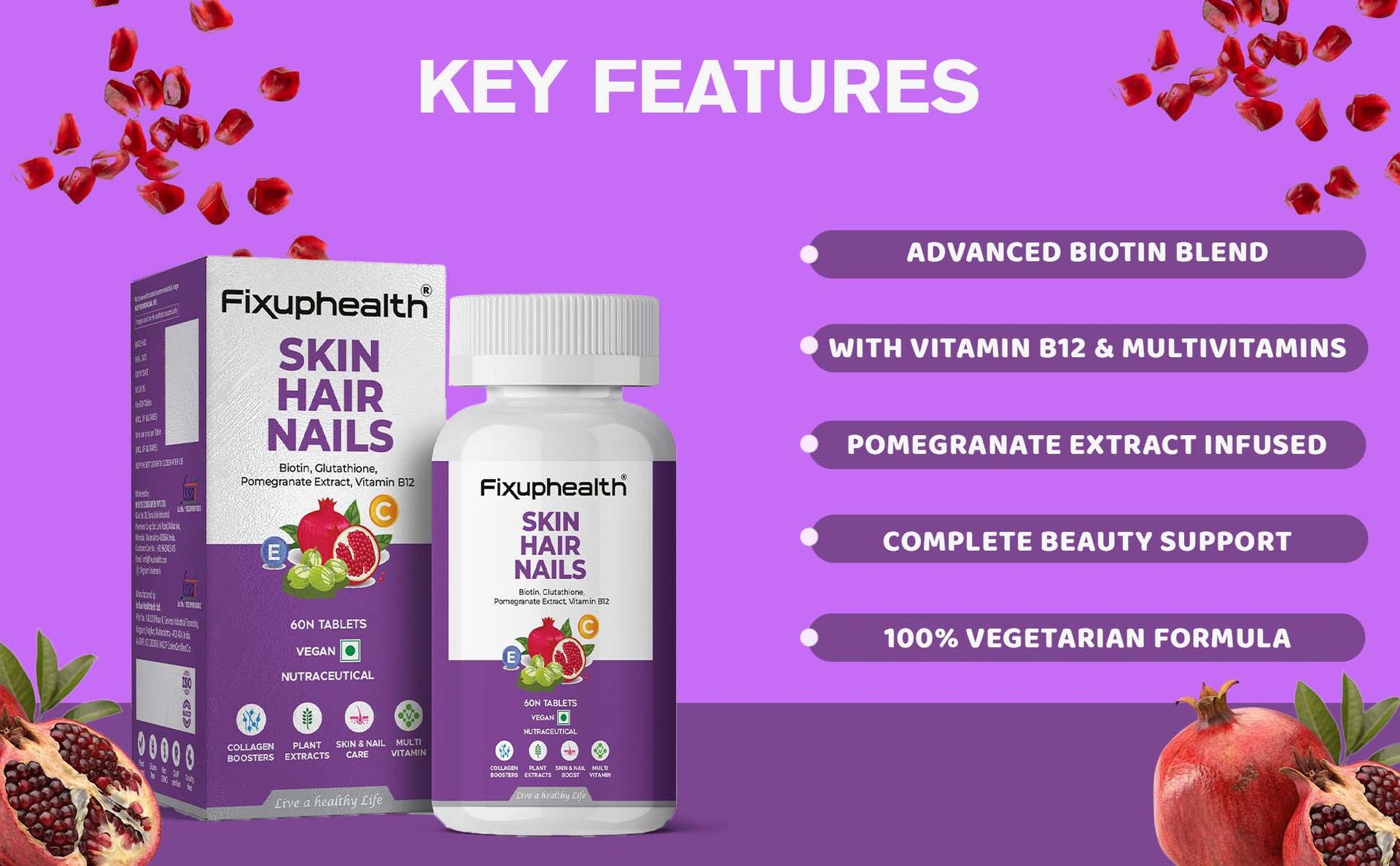 Fixuphealth Hair Skin Nails Supplement | Biotin Tablets for Hair Growth with Glutathione, Vitamin B12 & Pomegranate Extract | Hair Vitamins for Men & Women | Healthy Hair, Skin & Nails | 60 Tablets