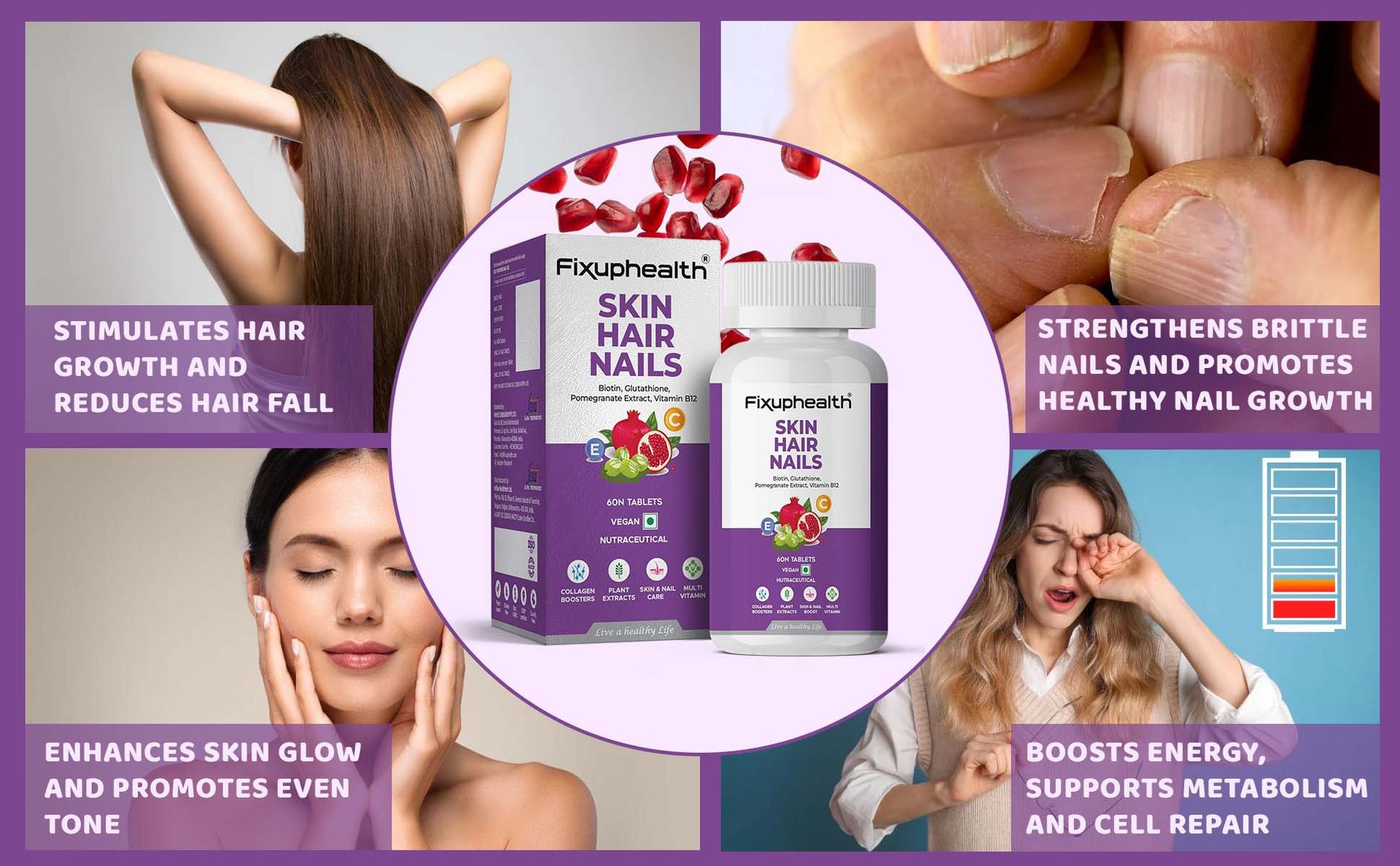 Fixuphealth Hair Skin Nails Supplement | Biotin Tablets for Hair Growth with Glutathione, Vitamin B12 & Pomegranate Extract | Hair Vitamins for Men & Women | Healthy Hair, Skin & Nails | 60 Tablets