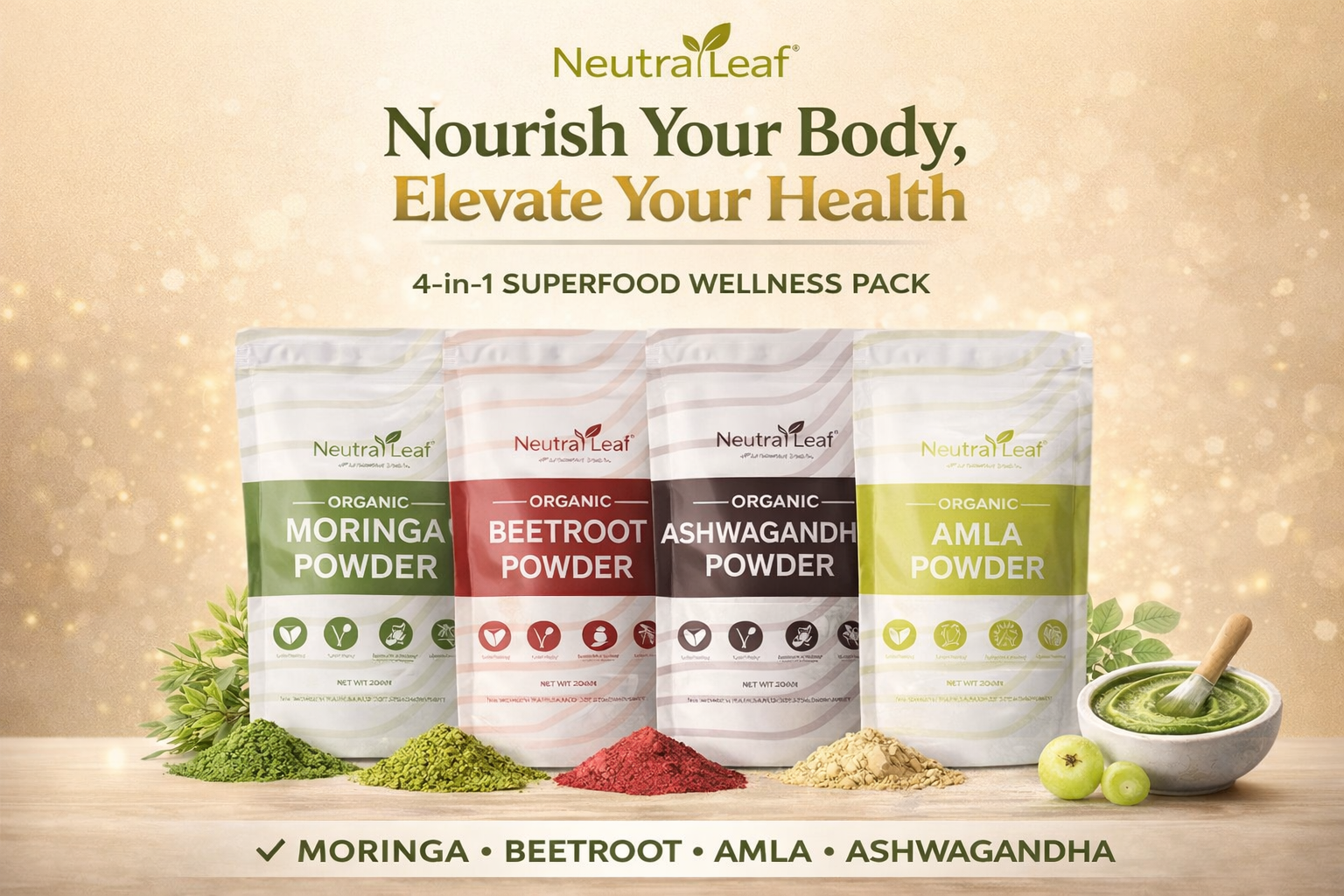 NeutraLeaf Green Soul 4-in-1 Organic Superfood Combo 800g (Pack of 4 x 200g) – Moringa Powder, Beetroot Powder, Amla Powder & Ashwagandha Powder | For Energy, Immunity, Digestion, Stress Relief, Skin & Hair Health |