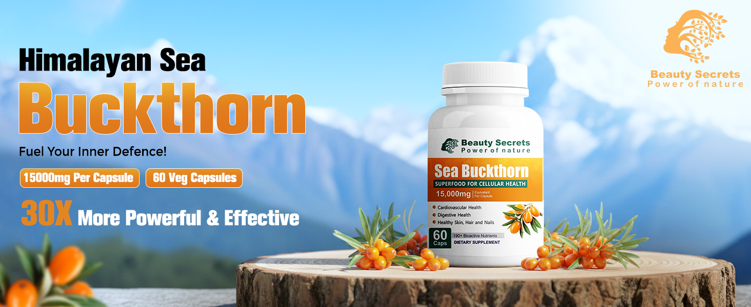 Himalayan Sea Buckthorn Capsules 15000 mg | Sea Buckthorn Berry Extract | with Omega-7 | High Potency Antioxidant Supplement for Immune Support, Digestive & Heart Health | 60 Veg Capsules