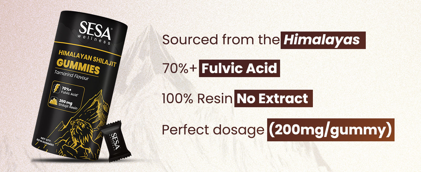 Sesa Himalayan Shilajit All Day Energy Gummies 60 Capsules | 200 mg Shilajit Resin| Lab Certified with 70%+ Fulvic Acid Boosts Stamina & Energy Levels| No Added Sugar | Gelatin & Gluten Free