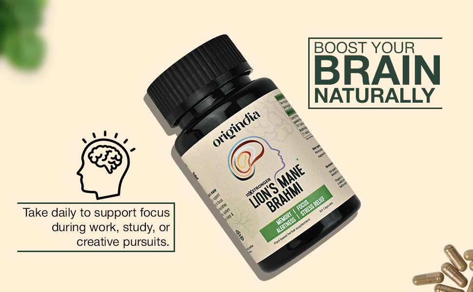 Lions Mane Brahmi Supplement, Brain Supplement Vegan Capsules with Lion's Mane Mushroom & Brahmi Extract for Memory Booster, Focus & Cognitive Support, Mind & Mood Enhancer, Pack of 1, 60 Capsules