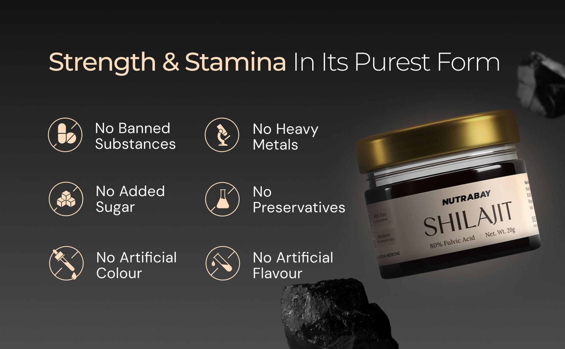 Nutrabay Shudh Himalayan Shilajit Resin from High Altitude – Extracted Using Water – Strength, Stamina & Power – Premium Ayurvedic Supplement – 20g