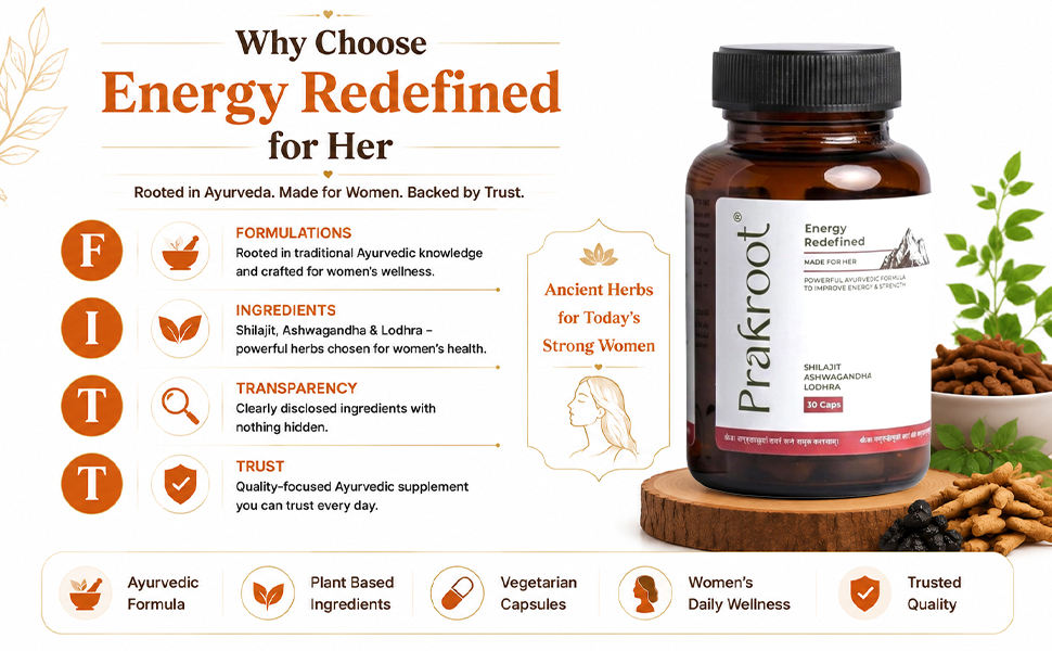 Energy Redefined for Her | Herbal Supplement with Shilajit Ashwagandha & Lodhra | Plant Based Daily Wellness Capsules for Women | 30 Veg Capsules | Pack of 1