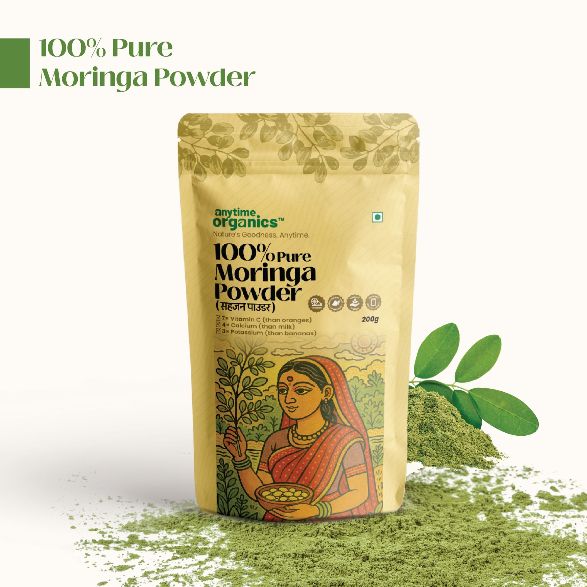 Anytime Organics Moringa Powder 200g | Drumstick Leaf Powder | 100% Pure Moringa Superfood | 50 Servings | Includes Wooden Spoon & 50-Day Habit Tracker | Easy Daily Wellness Habit