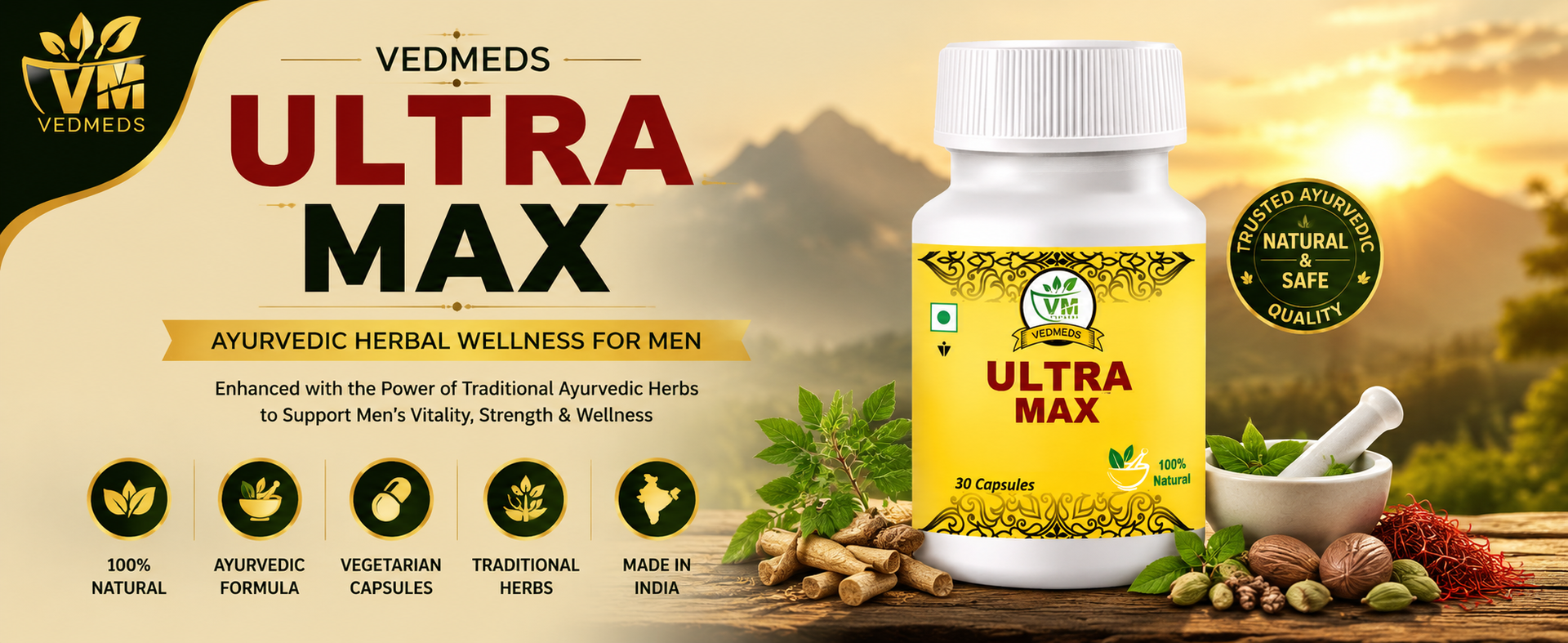 Ultra Max Ayurvedic Men's Wellness Capsules | Herbal Energy & Vitality Support | Traditional Ayurvedic Formula for Men | 10 Capsules