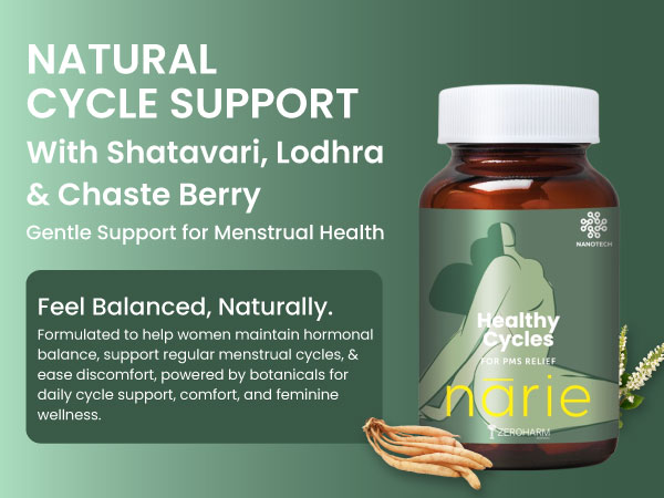 ZEROHARM Narie Healthy Cycles | With Shatavari, Lodhra & Chaste Berry Extract | For Regualr Cycles, Harmonal Balance, Mood & PMS Support for Women | 60 Nano Formulated Ayurvedic Tablets