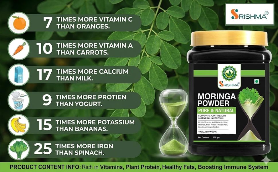 Moringa Powder 200g | 100% Pure & Natural Ayurvedic Moringa Leaf Powder | Rich in Vitamins, Antioxidants & Fiber | Supports Immunity, Joint Health, Skin & Hair Care | Herbal Superfood Supplement