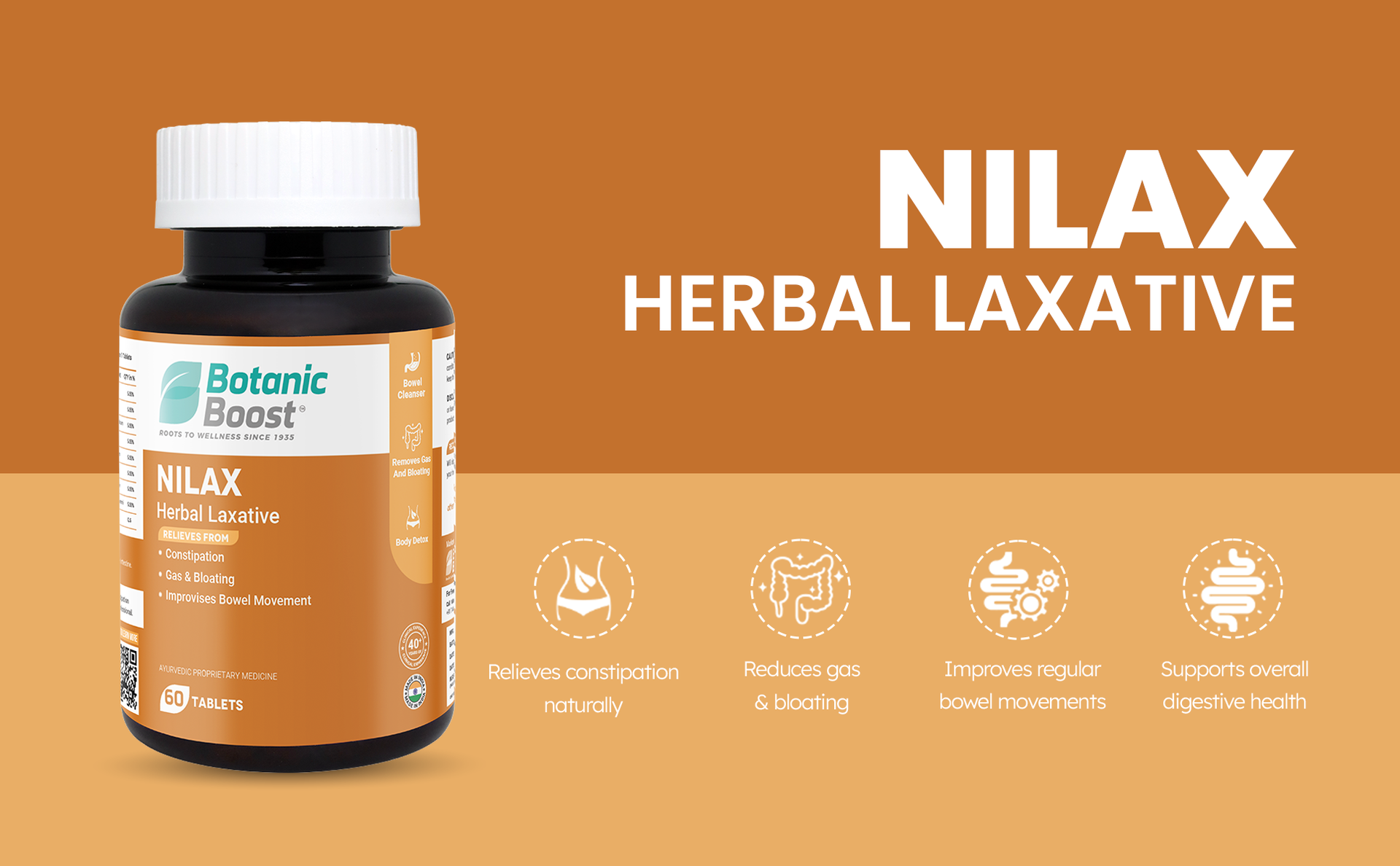 Nilax Constipation Relief & Bowel Support Capsules – Indian Senna & Triphala Herbal Laxative for Gas, Bloating, Digestive Comfort, Gut Health & Regularity – 60 Capsules