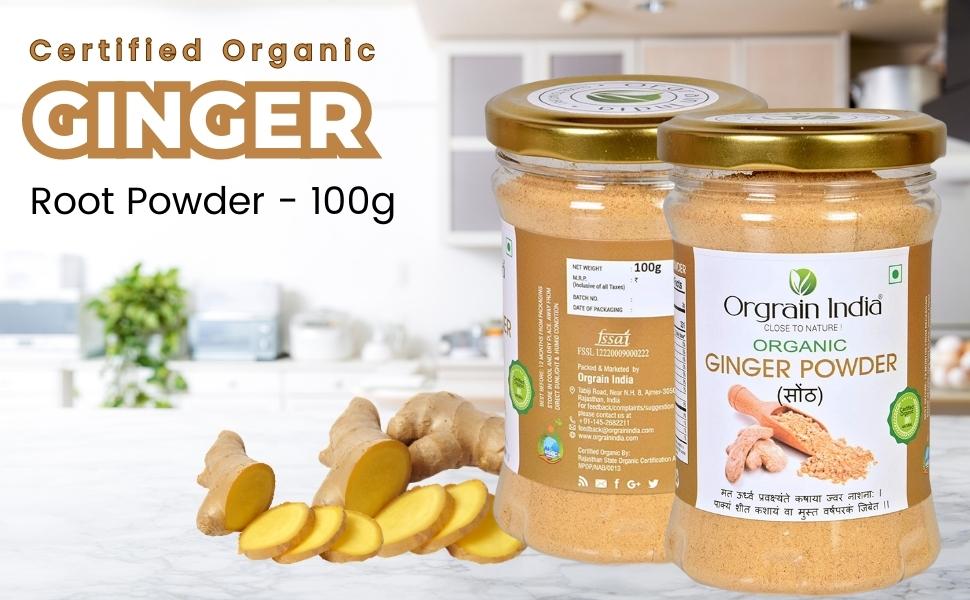 Orgrain India Organic Ginger Root Powder 100g | Pure & Natural | No Preservatives | Low Sodium | Perfect for Smoothies, Teas, Baking & Cooking | Handpicked from Sustainable Farms