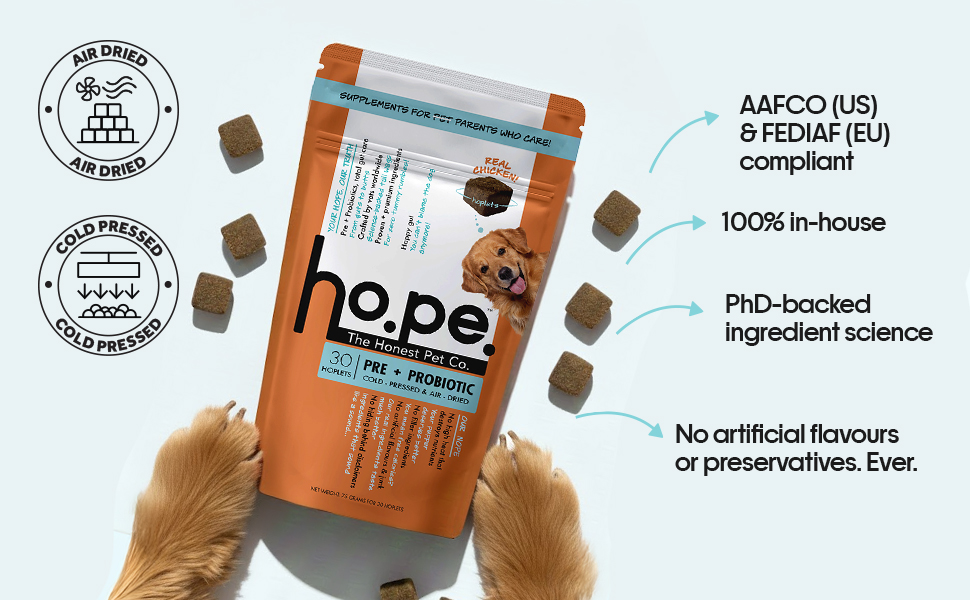 Hope Pre & Probiotics Supplement for Dogs - 30 Chicken hoplets | Paw Licking & Scratching Relief | Tasty Chews with Hing for Absolute Gut Health | Coldpressed| Air-Dried | Honest Pet Co