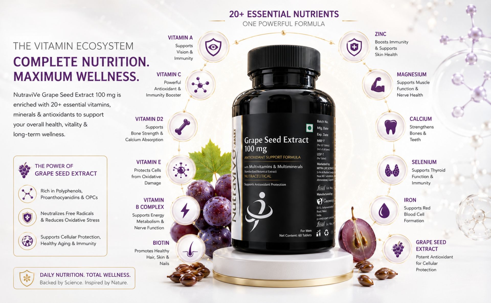 Antioxidant, Grape Seed Extract 100mg | Helps Combat Oxidative Stress | Supports Healthy Skin & Immune Function | With Multivitamins & Multiminerals | 60 Tablets