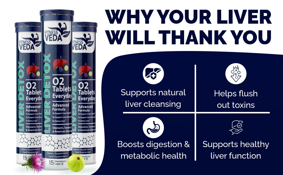 Fitness Veda Liver Detox Effervescent- Pack of 3 (15x3) | Fatty Liver Health Supplement | Milk Thistle With American Ginseng | Drop, Dissolve, Fizz & Drink | Advanced Ayurvedic Formula for Liver Health – 15 Tablets Each
