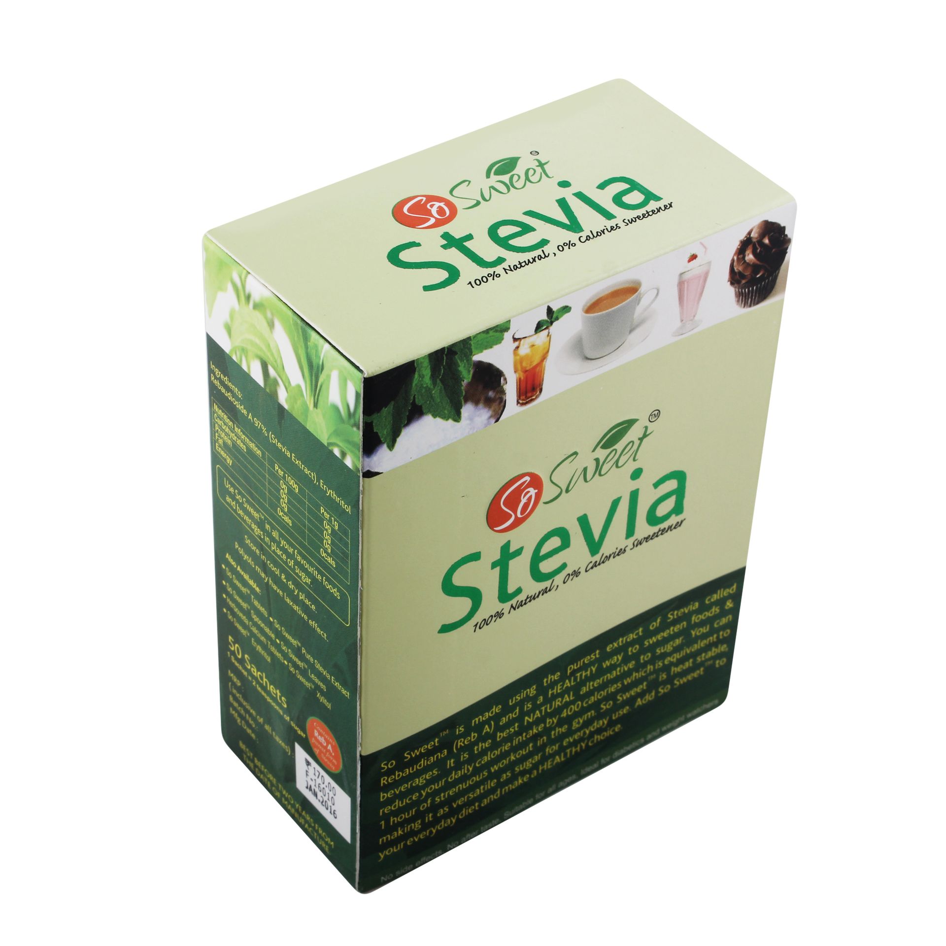 So Sweet Stevia 100% Natural Sweetener, Sugar-Free, 50 Sachets (Pack of 7), Zero-Calorie, Ideal for Coffee, Tea, Baking, and Cooking, Diabetic-Friendly, Perfect for Healthy Living and Low-Carb Diets