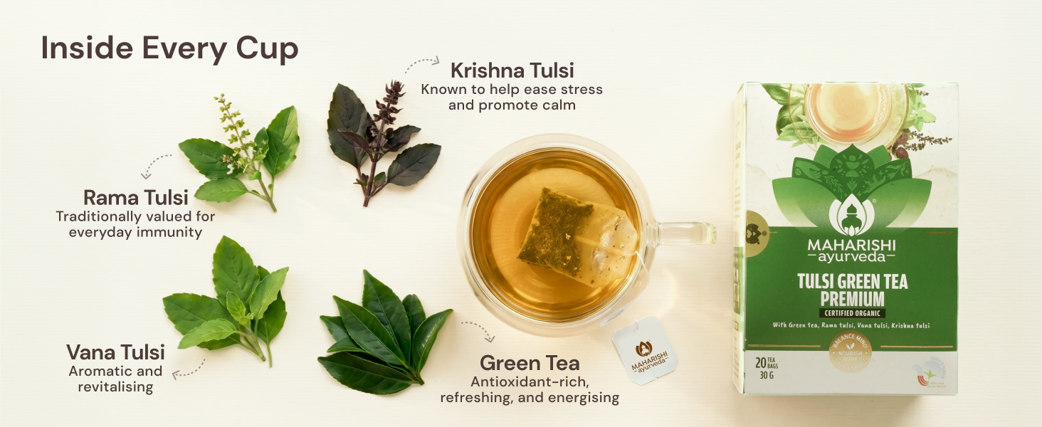 Maharishi Ayurveda Organic Certified Tulsi Green Tea Premium | With Rama, Krishna & Vana Tulsi and Green Tea | Supports Detox, Immunity & Daily Balance | 20 Tea Bags (30g)