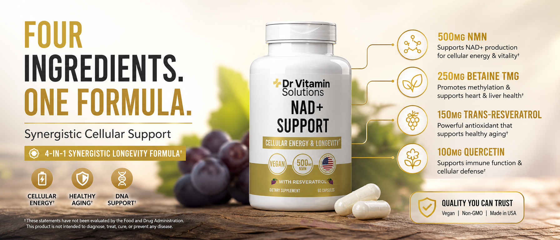 NMN NAD+ Supplement 500mg 4-in-1 with Resveratrol, Cellular Energy