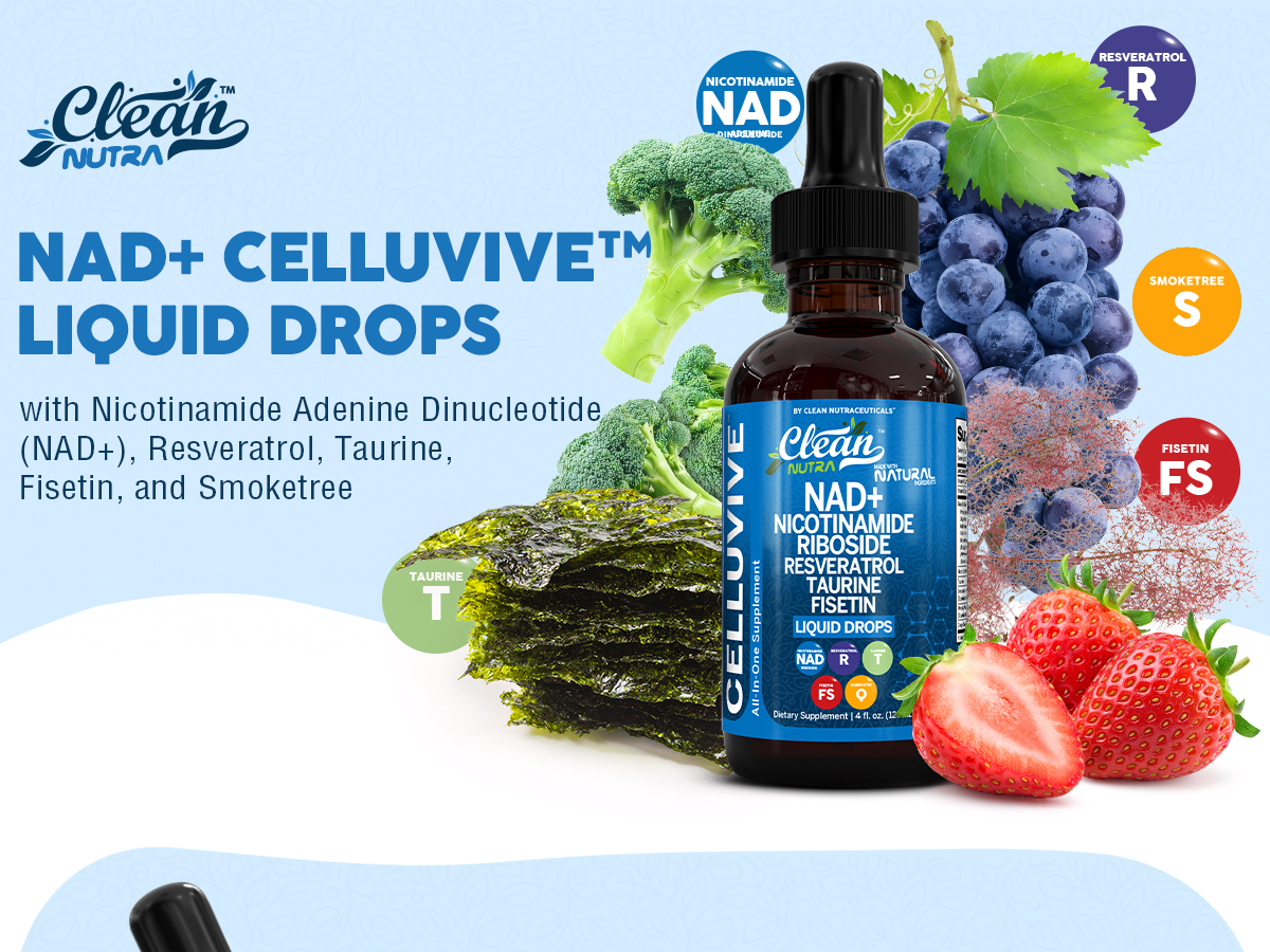 Liposomal NAD Resveratrol Supplement Liquid Drops for Women Taurine Fisetin Grape Seed Quercetin Berberine Astaxanthin Pterostilbene Spermidine Fo Ti Gotu Kola Anti Aging CelluVive by Clean Nutra 4oz