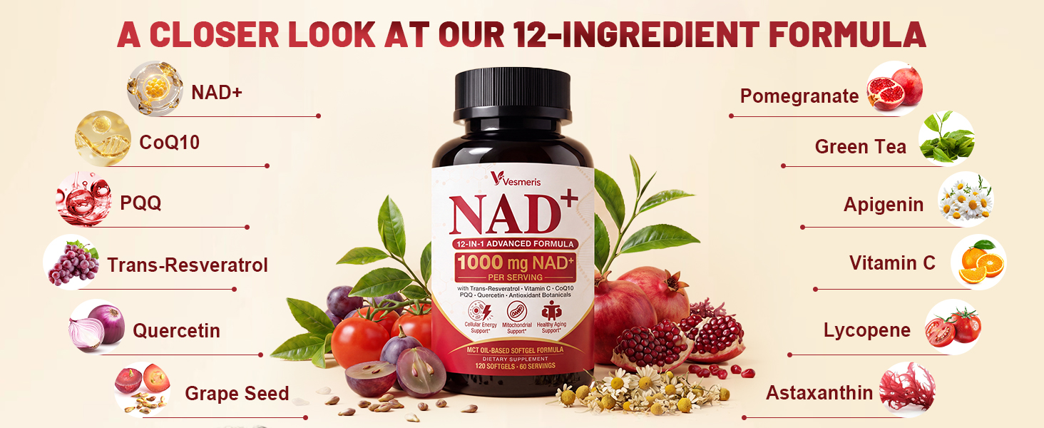 12-in-1 NAD Supplement for Women Men, 120 Vegan NAD+ Plus Softgels, NMN & NMNH Alternative, with Trans-Resveratrol, Quercetin, PQQ, Vitamin C, CoQ10 for Healthy Aging Support, Cellular Energy