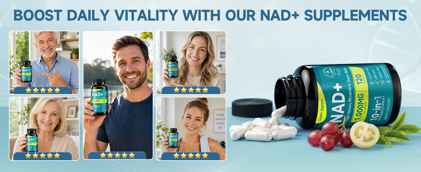 NAD+ Supplement | 10-in-1 NAD Complex 1000mg with Resveratrol, Quercetin, Glutathione, Supports Cellular Energy, Stamina & Healthy Aging for Men & Women, 120 Capsules