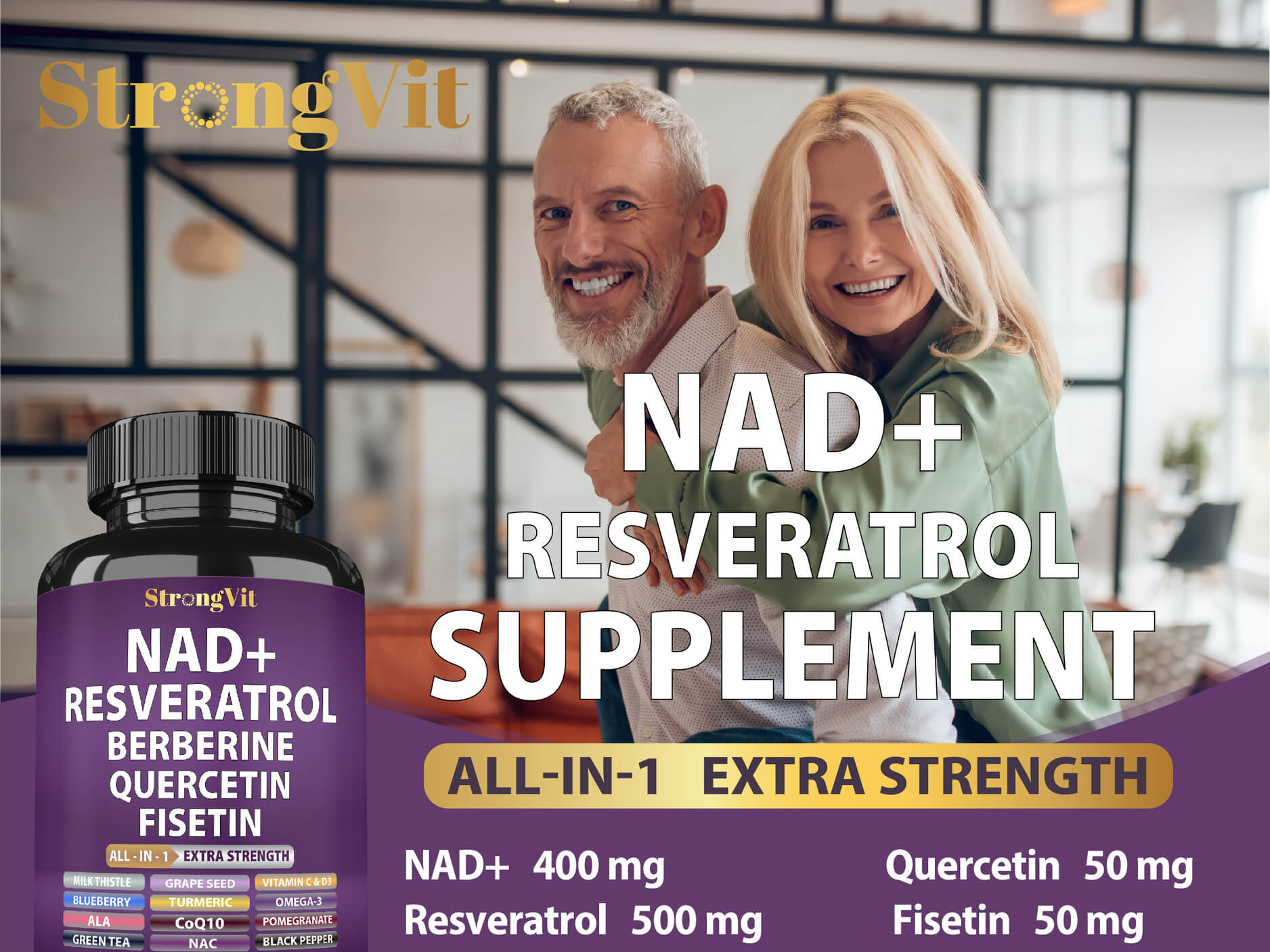 StrongVit NAD+ Resveratrol Supplement for Healthy Aging - 60 Capsules