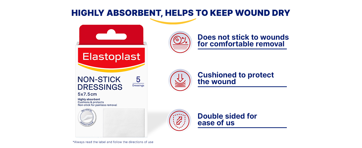Elastoplast Non-Stick Wound Dressings 5 x 7.5 cm (5 Pack) | Highly Absorbent | Non-Stick Wound Care | Gentle Removal | Double-Sided | Moisture-Wicking Material | Cushions & Protects Wounds