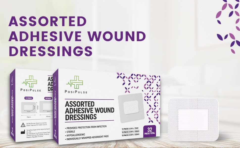 Posi Pulse Assorted Adhesive Wound Dressings - 32 Packs for Protection from Infection, Sterile Individually Wrapped, Hypoallergenic, Breathable, Absorbent for Cuts, Grazes, Ulcers, Sores