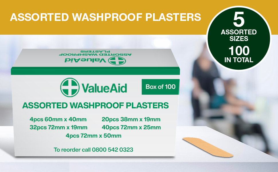 Value Aid Assorted Washproof Plasters - Pack of 100 Individually Wrapped Hypoallergenic, Latex-Free Adhesive - 5 Popular Sizes for First Aid Kit & On-The-Go Medical Supplies