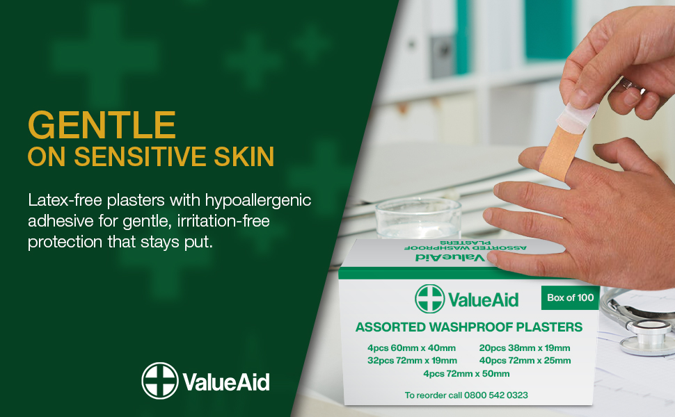 Value Aid Assorted Washproof Plasters - Pack of 100 Individually Wrapped Hypoallergenic, Latex-Free Adhesive - 5 Popular Sizes for First Aid Kit & On-The-Go Medical Supplies