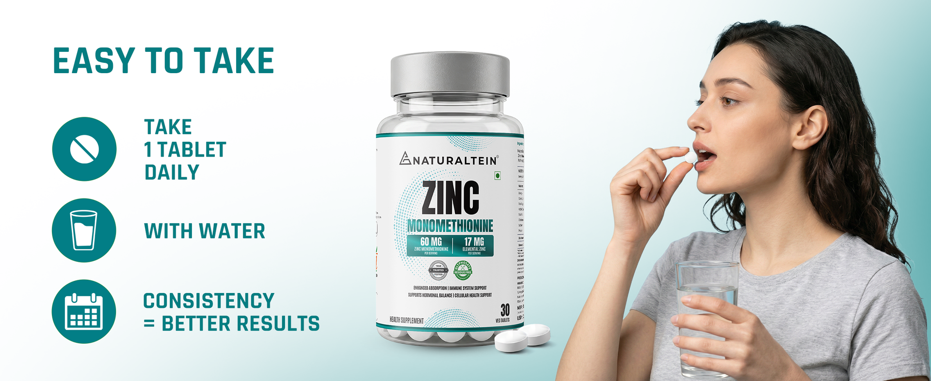 Naturaltein Zinc Monomethionine 60 mg | 17 mg Elemental Zinc per Tablet | Supports Immune Health, Antioxidant Protection & Skin Wellness | 30 Count