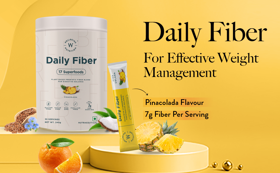 WELLBEING NUTRITION Daily Fiber Powder|Weight Management, Manages Sugar Control, Bloating, Constipation & Acidity Relief|Organic Prebiotic Digestive Fiber Supplement|Pina Colada|30 Servings, 1 count