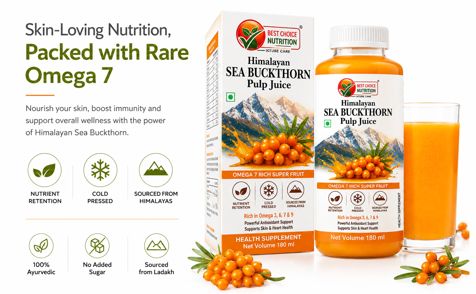 Himalayan Sea Buckthorn Juice | Natural Source of Vitamin C, Omega 3 6 7 9 & Antioxidants | Supports Immunity, Skin & Digestive Wellness 180ml