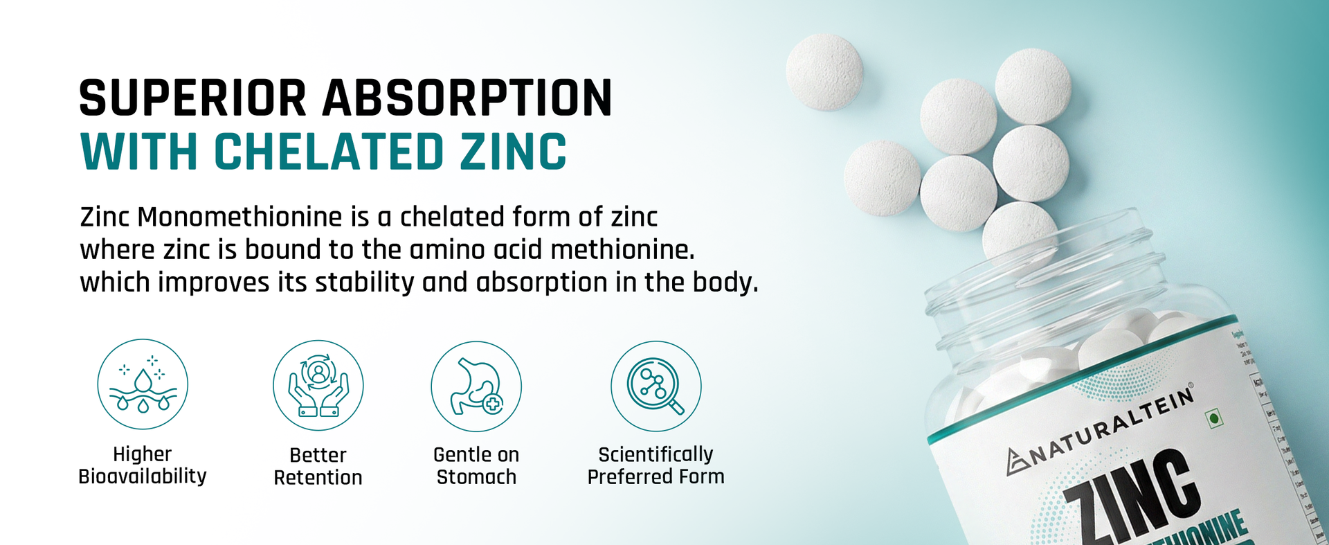 Naturaltein Zinc Monomethionine Tablets 60 mg | 17 mg Elemental Zinc per Tablet | Supports Immune Function, Healthy Skin & Antioxidant Protection | 60 Count