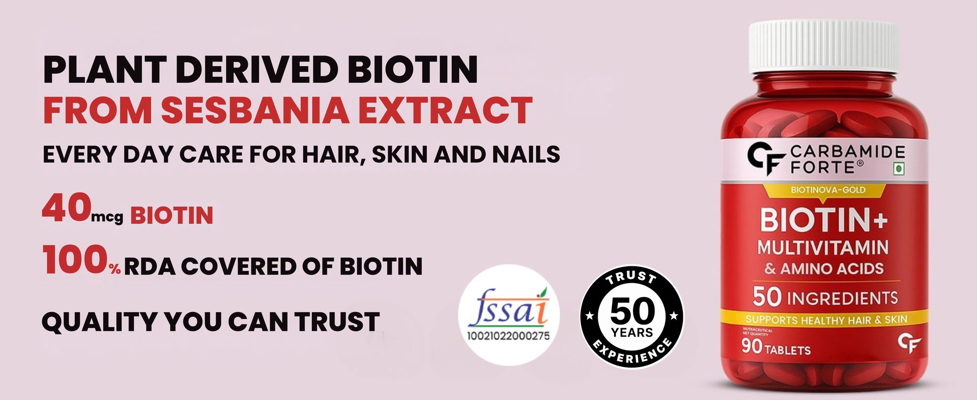Carbamide Forte Biotin Tablets for Hair Growth | Biotin Supplement with 50 Multivitamin Ingredients for Women & Men | Hair Supplements for Women & Men | Hair Growth Tablets - 90
