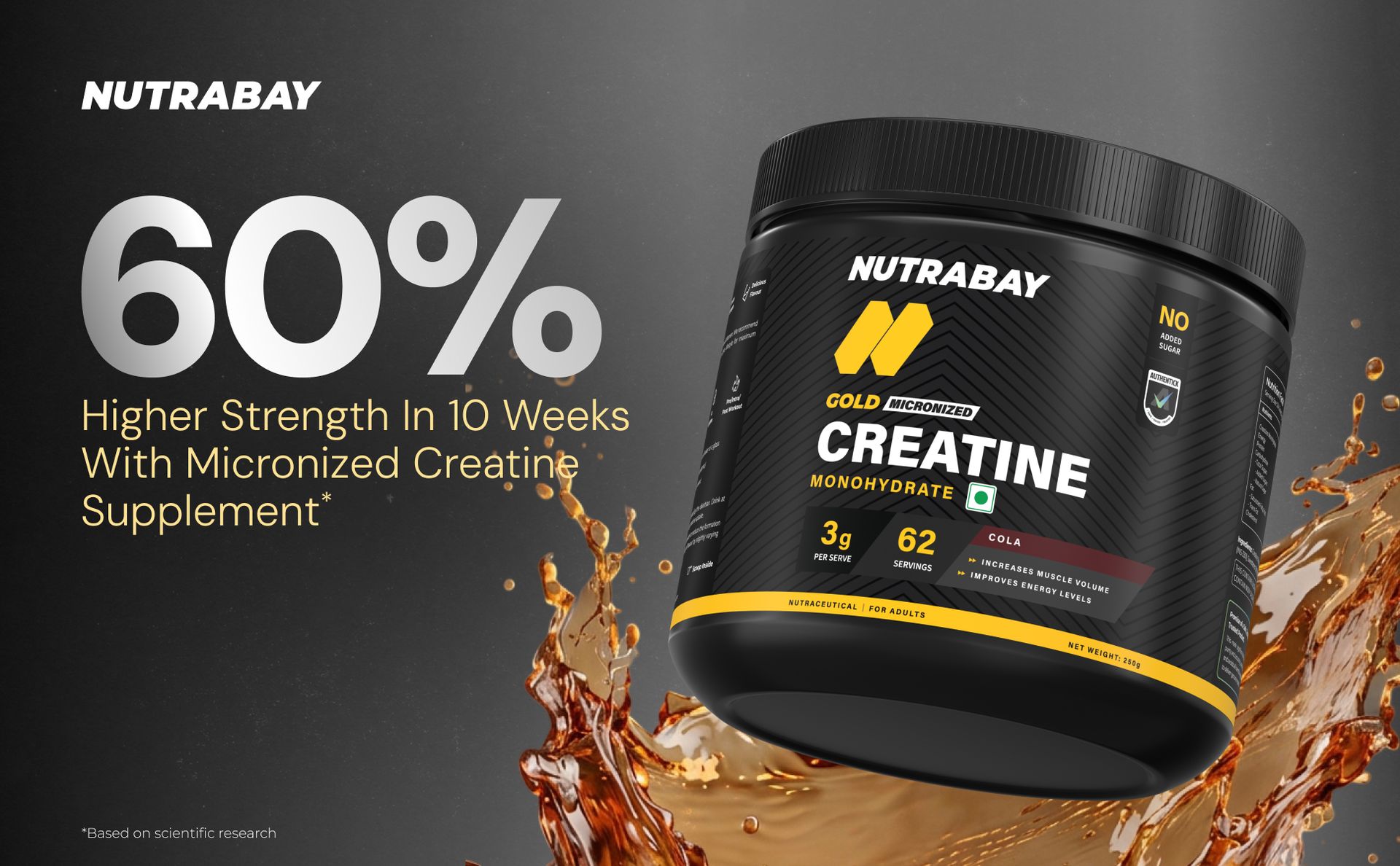 Nutrabay Gold Micronised Creatine Monohydrate Powder 3000mg Creatine per Serving, NABL Lab Tested – Increases Muscle Mass, Strength & Power – Pre/Post Workout Supplement – 250g, Cola