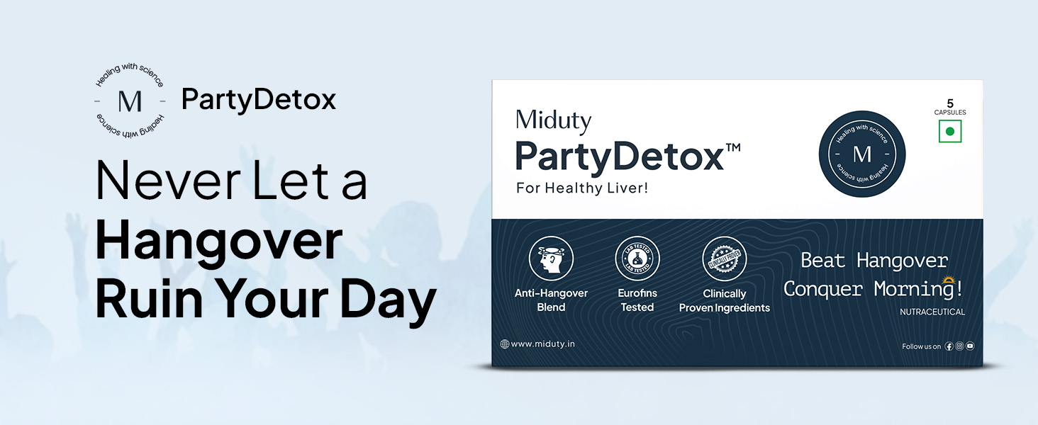 Miduty Party Detox to Party Smart & Anti - Hangover For Better Morning & Night | Supports Liver | Safe, Effective & Clinically Tested by International Lab - 5 Capsules