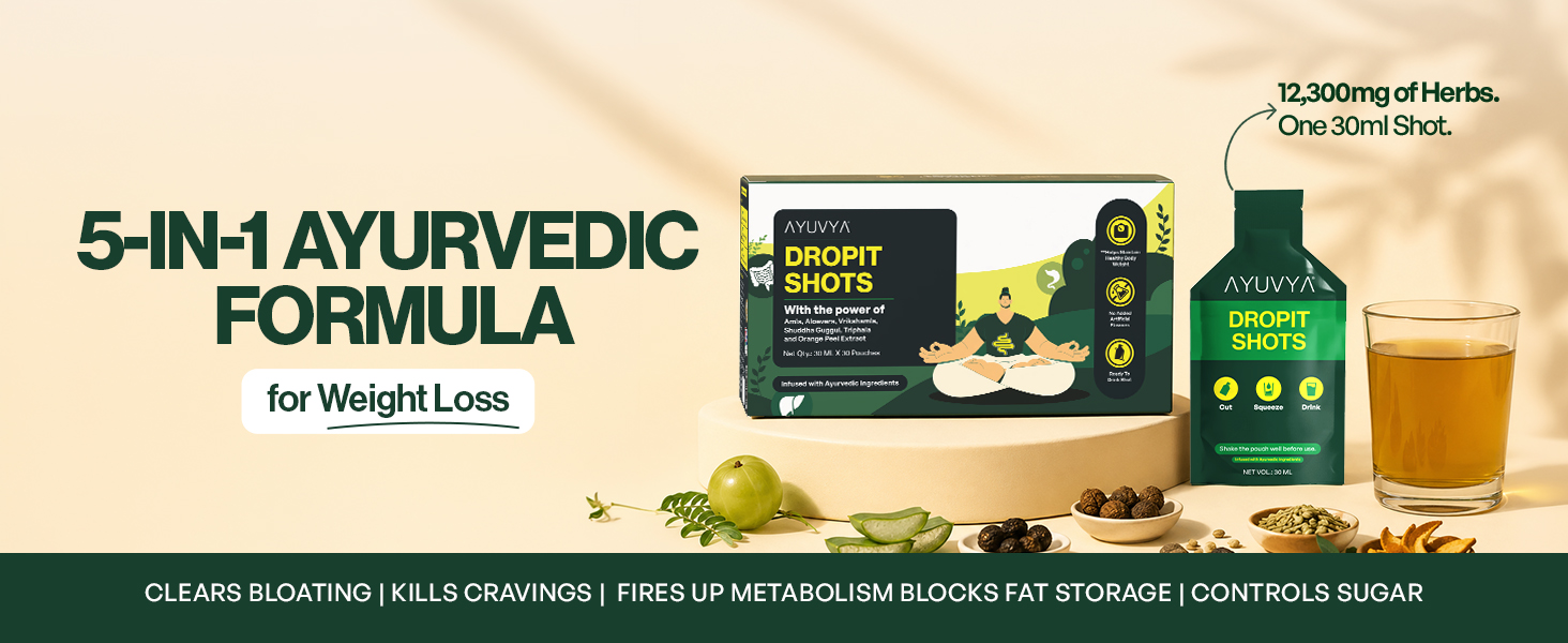 Ayuvya Dropit Shots | Ayurvedic Weight Loss Shots with Garcinia, Triphala, Amla & Shuddha Guggul | Manages Belly Fat, Bloating & Cravings | Boosts Metabolism | 5 in 1 Fat Loss Formula | For Men & Women | 30 Pre-Measured Shots