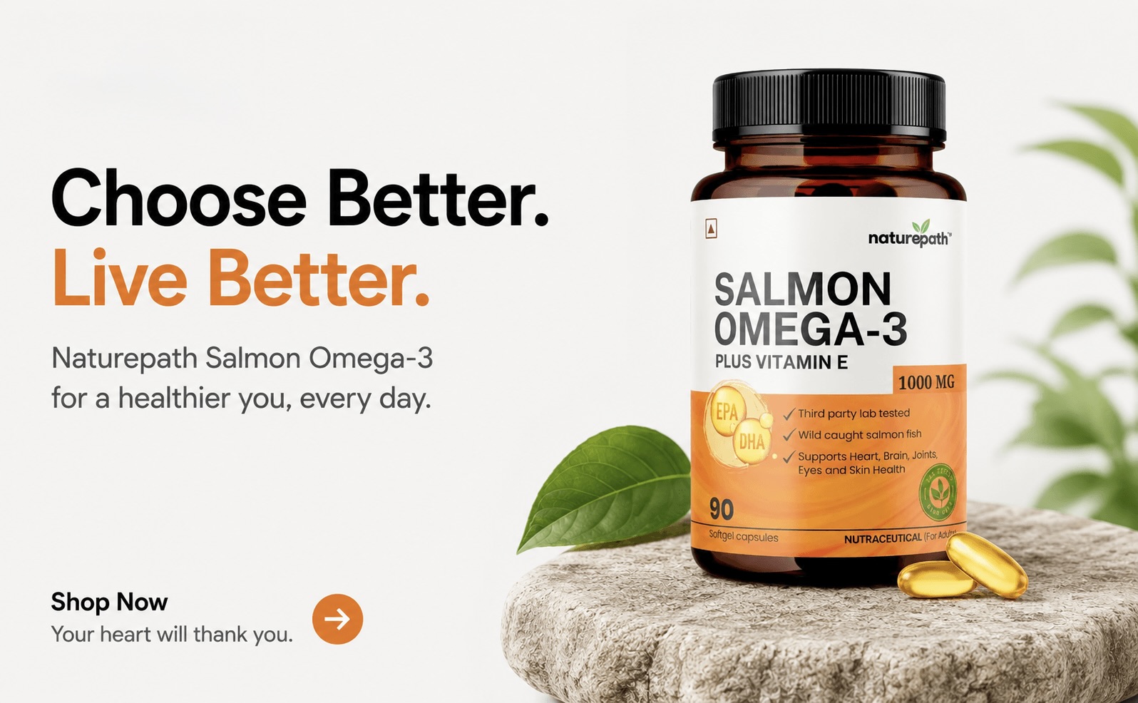 NaturePath Salmon Omega 3 Fish Oil 1000mg with EPA 180mg & DHA 120mg - Omega 3 + Vitamin E - Supports Heart, Brain, Joint & Eye Health - No Fishy Aftertaste - 90 Softgel Capsules