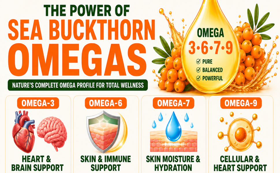 Sea Buckthorn 1000mg Himalayan Seabuckthorn Berry Extract Omega 7 3 6 9 Fatty Acids Antioxidant Supplement for Skin & Immunity 120 Veg Tablets (Pack of 2 — 60-Day Supply)