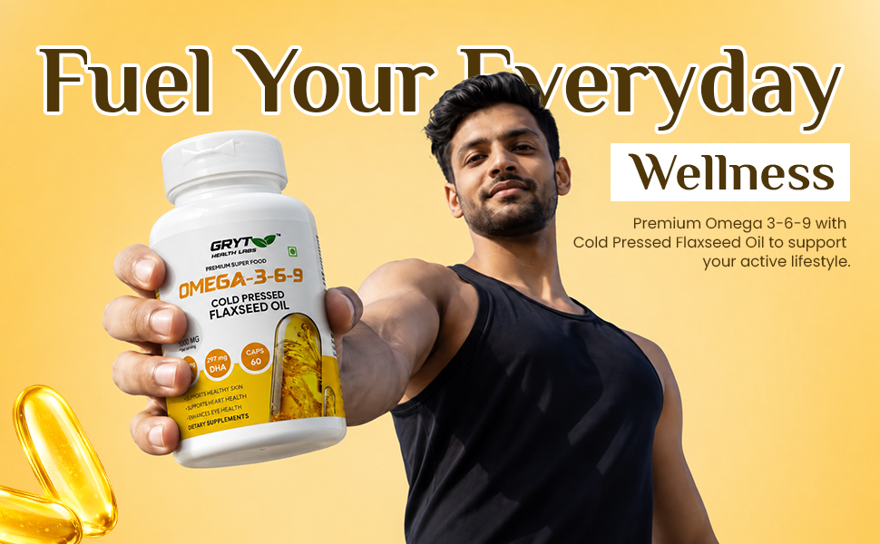 Omega 3-6-9 Cold Pressed Flaxseed Oil Capsules 1000mg Per Serving | Plant-Based Omega Supplement | Supports Heart, Skin & Eye Health | Vegetarian Soft Capsules | 60 Capsules