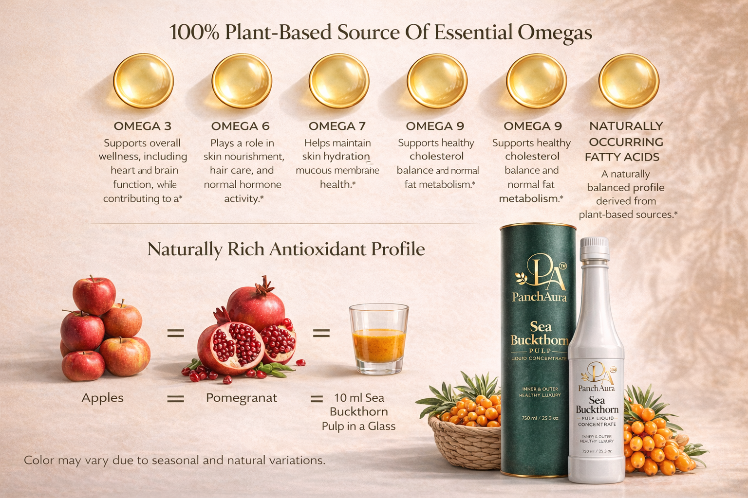 PanchAura Himalayan Sea Buckthorn Juice Pulp Concentrate 300 ML | Cold Pressed from Ladakh Berries | Natural Vitamin C, Omega 3-6-7-9 & Antioxidants | Supports Immunity, Skin Glow & Gut Health (300 ML, 1)