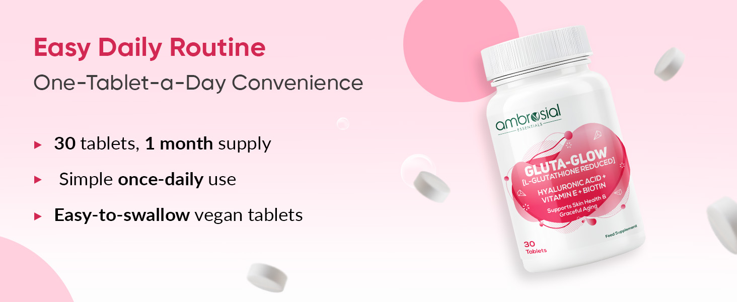 Ambrosial Gluta-Glow L-Glutathione 500mg Tablets with Vitamin C, Vitamin E, Hyaluronic Acid, Lycopene & Biotin – Japanese L Glutathione Supplement – 30 Vegan Tablets