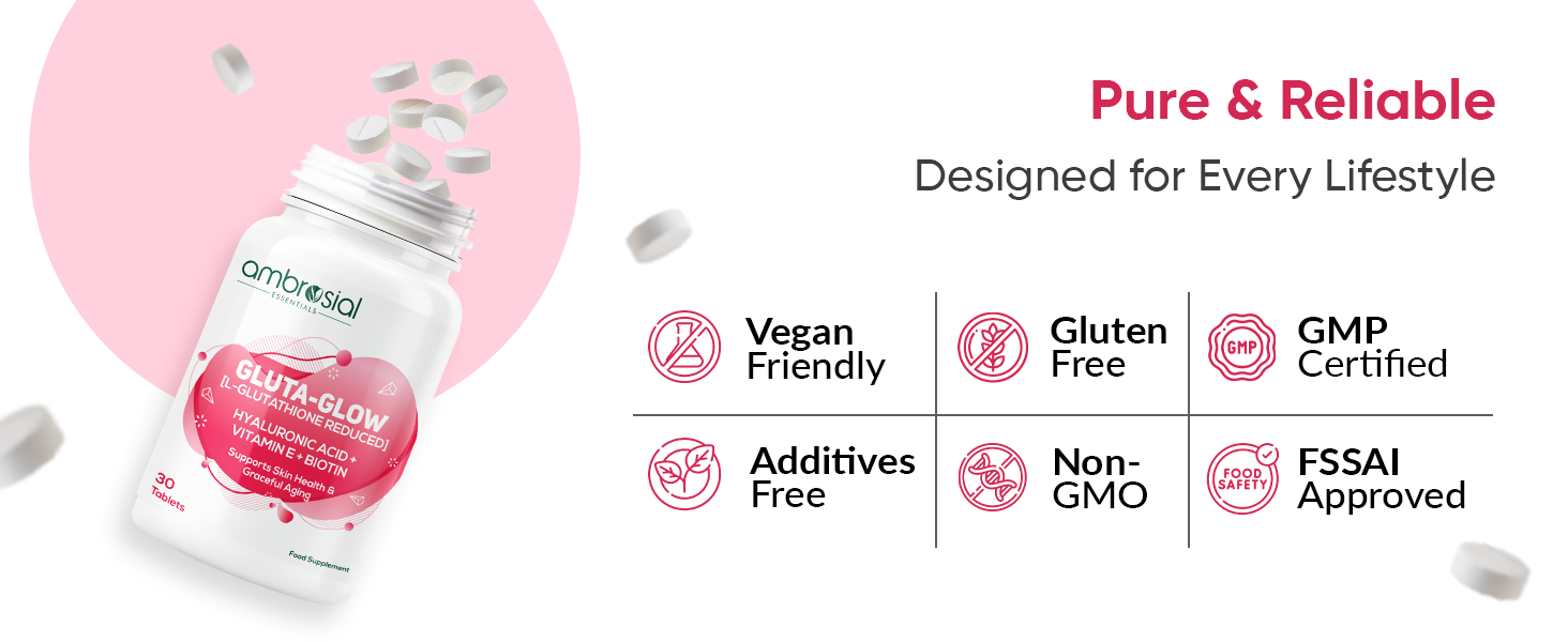 Ambrosial Gluta-Glow L-Glutathione 500mg Tablets with Vitamin C, Vitamin E, Hyaluronic Acid, Lycopene & Biotin – Japanese L Glutathione Supplement – 30 Vegan Tablets