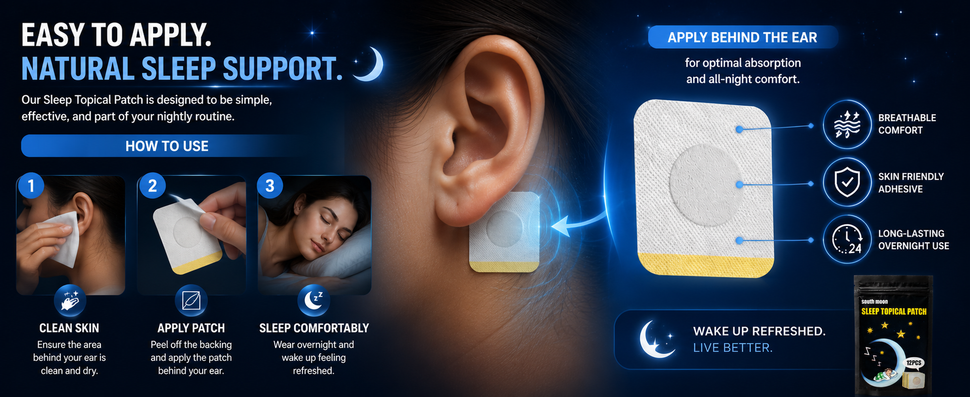 Sleep Topical Patch for Adults (12 Patches) – Overnight Sleep Support Patch, Easy-to-Apply Behind Ear, Skin-Friendly Adhesive, Travel Friendly, Nighttime Wellness for Men & Women