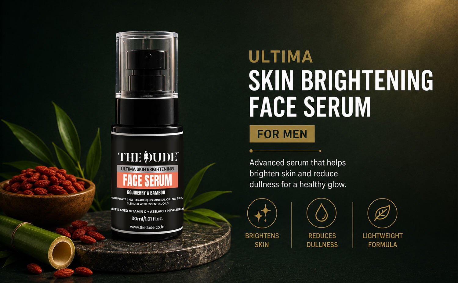 THE DUDE Ultima Skin Brightening Face Serum | Hyaluronic Acid & Vitamin C | Reduces Dark Spots & Dullness | Hydrating & Glow Boosting Serum for Even Skin Tone | 30ml